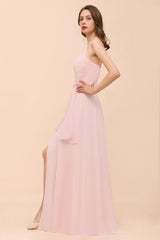 Long A-line V-neck Spaghetti Straps Ruffle Blushing Pink Chiffon Bridesmaid Dress