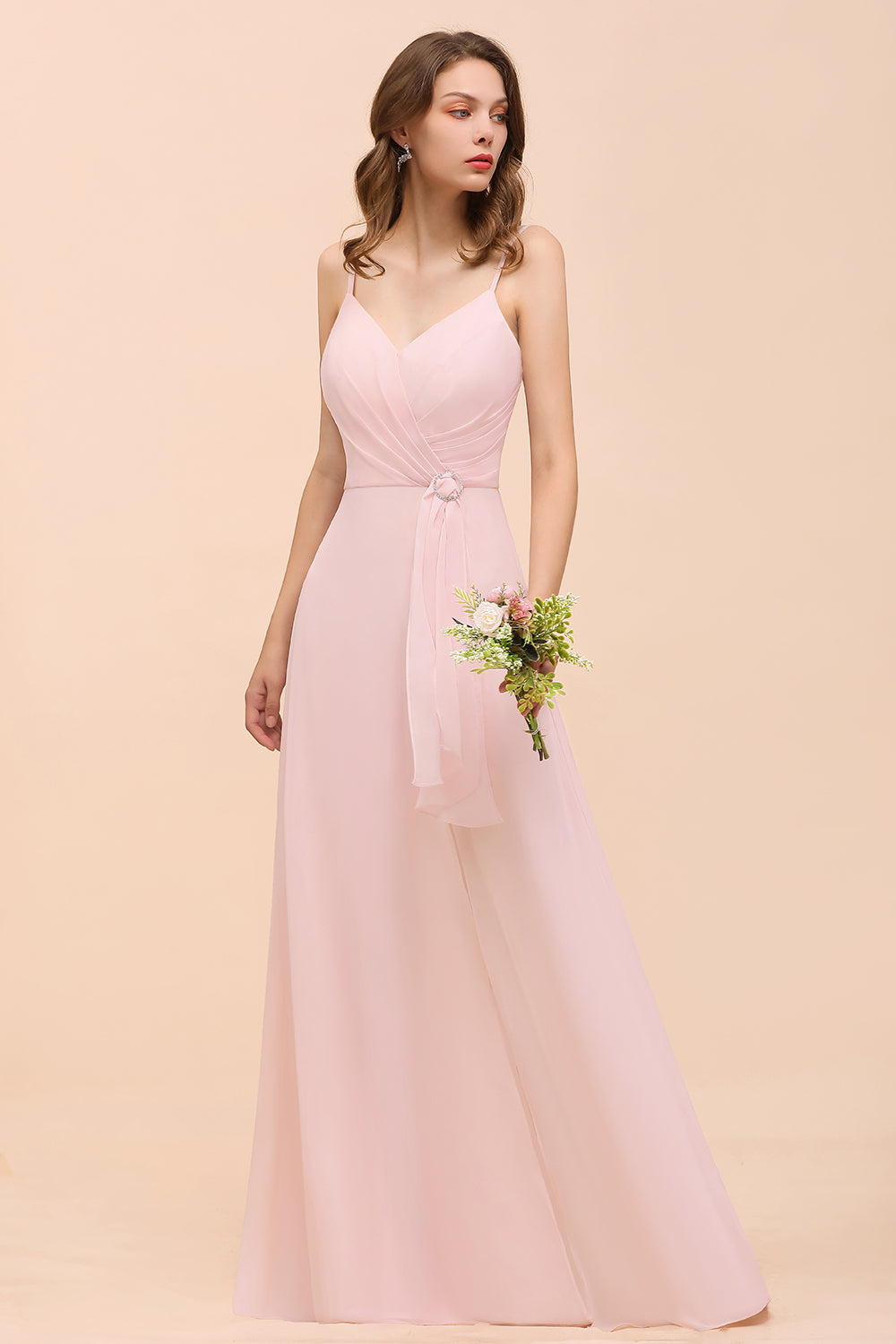 Long A-line V-neck Spaghetti Straps Ruffle Blushing Pink Chiffon Bridesmaid Dress