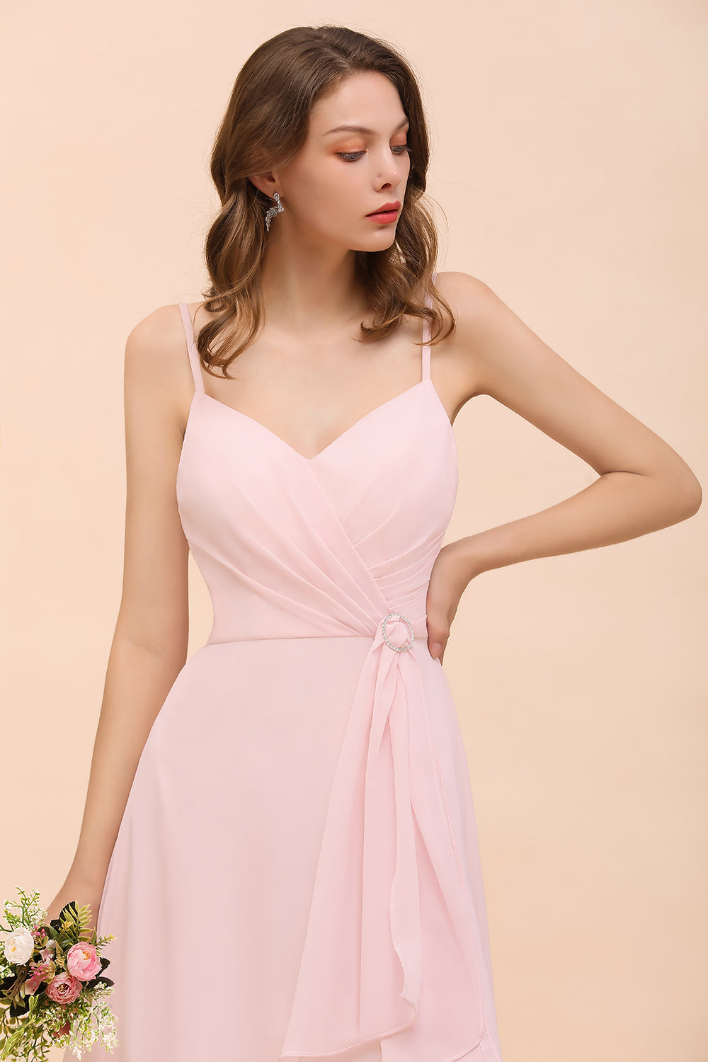 Long A-line V-neck Spaghetti Straps Ruffle Blushing Pink Chiffon Bridesmaid Dress