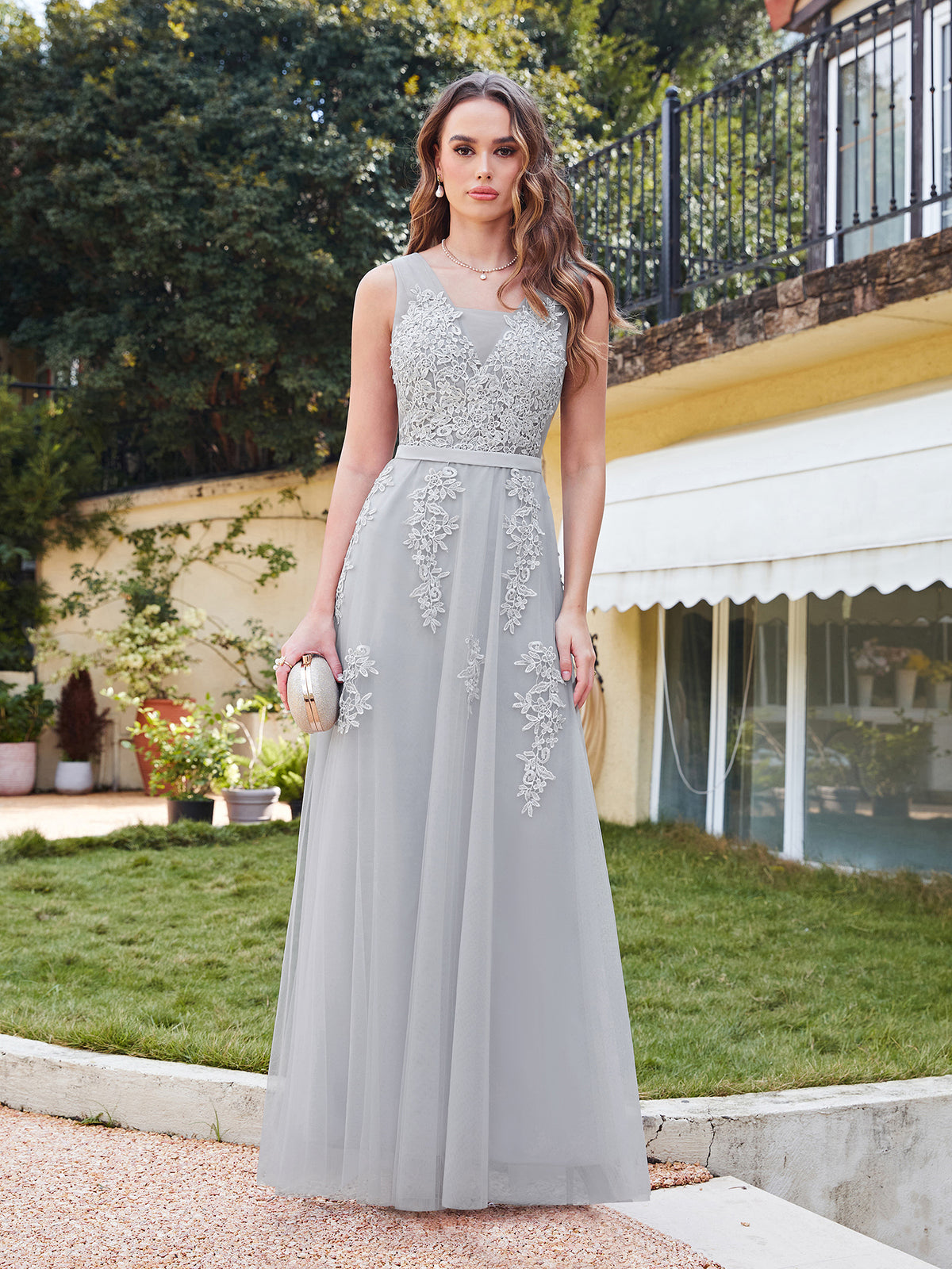 Long Lace V-neck Tulle A-line Grey Wedding Guest Dresses