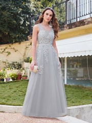 Long Lace V-neck Tulle A-line Grey Wedding Guest Dresses