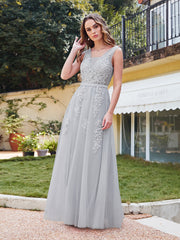 Long Lace V-neck Tulle A-line Grey Wedding Guest Dresses
