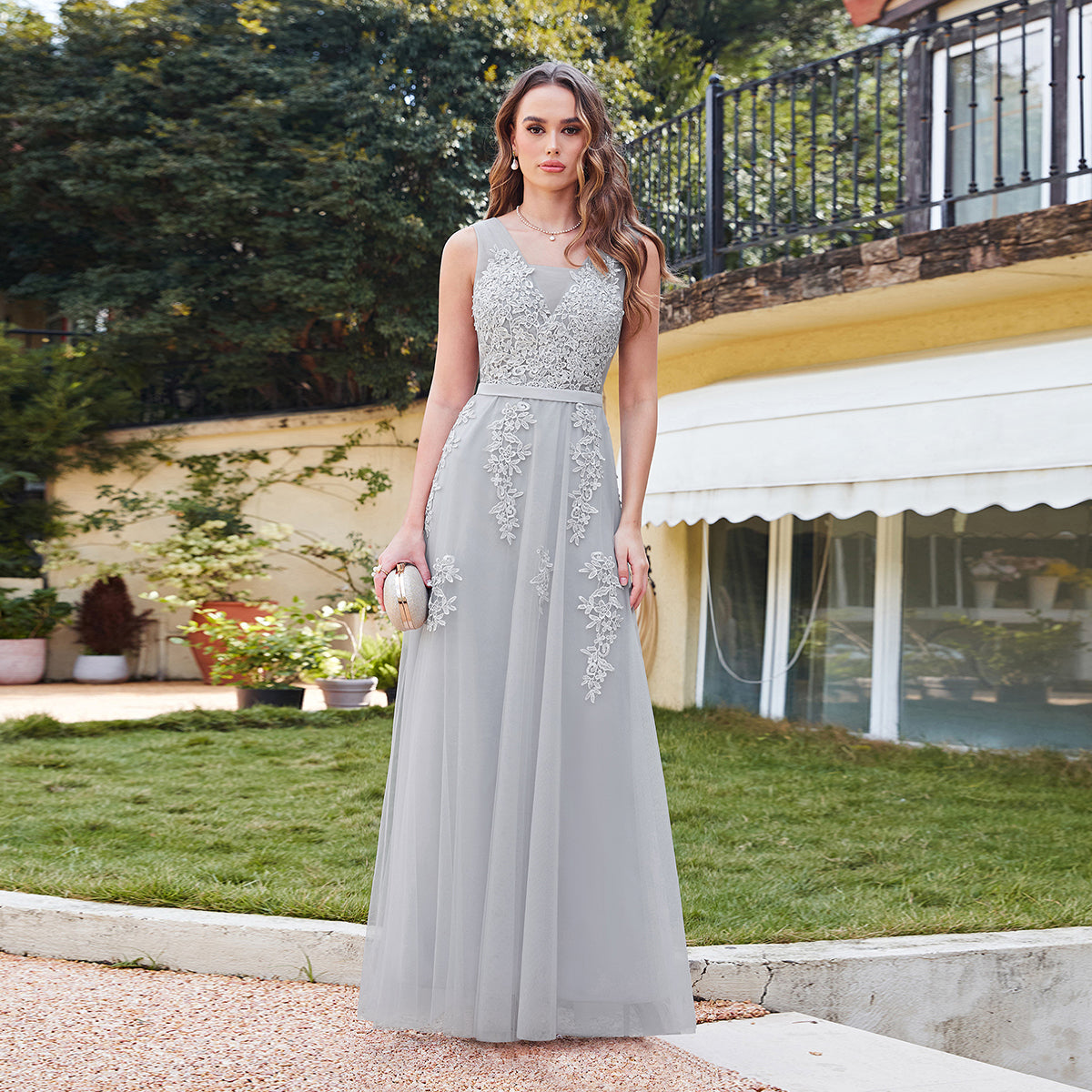 Long Lace V-neck Tulle A-line Grey Wedding Guest Dresses