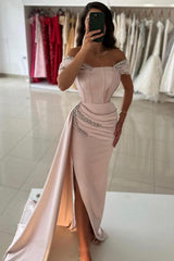 Long Mermaid Off the Shoulder Satin Formal Evening Dresses with Slit