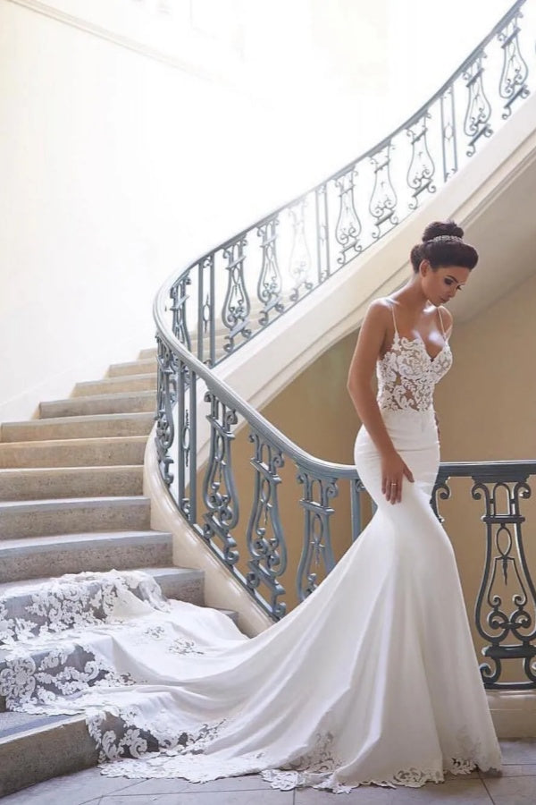 Long Mermaid Spaghetti Strap Lace Backless Wedding Dress