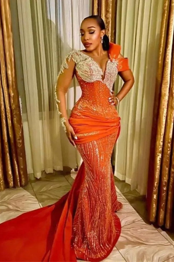 Long Mermaid V-neck Satin Beaded Formal Prom Dresses with Sleeves