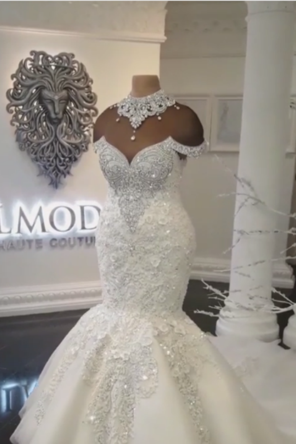 Long Off the Shoulder Appliques Lace Tulle Mermaid Wedding Dress