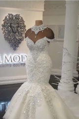 Long Off the Shoulder Appliques Lace Tulle Mermaid Wedding Dress