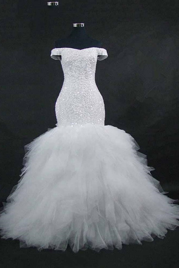 Long Off the Shoulder Sequins Lace-up Mermaid Wedding Dresses