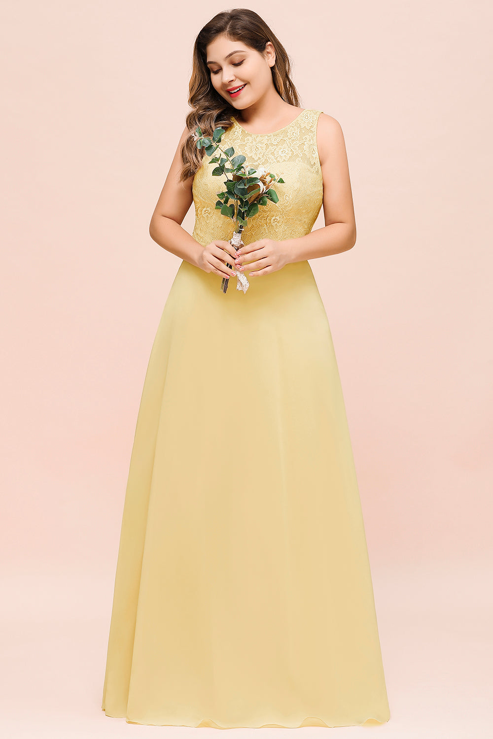 Long Plus Size Chiffon Jewel Daffodil Bridesmaid Dress with Lace