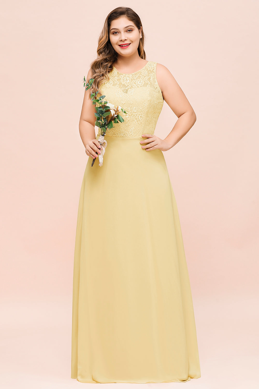 Plus Size Chiffon Jewel Daffodil Long Wedding Guest Dress with Lace