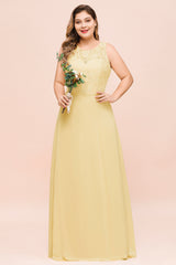 Plus Size Chiffon Jewel Daffodil Long Wedding Guest Dress with Lace