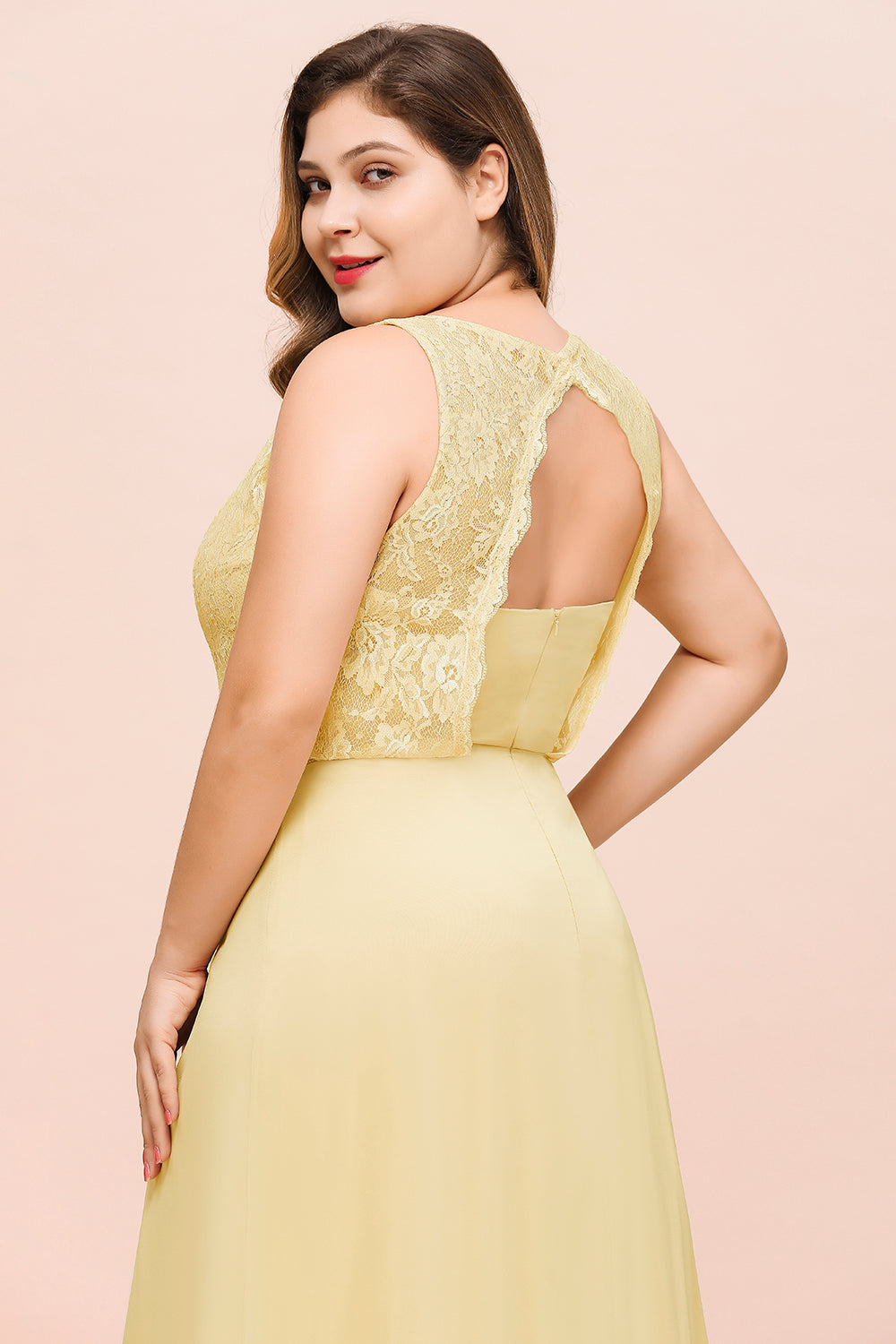 Plus Size Chiffon Jewel Daffodil Long Wedding Guest Dress with Lace