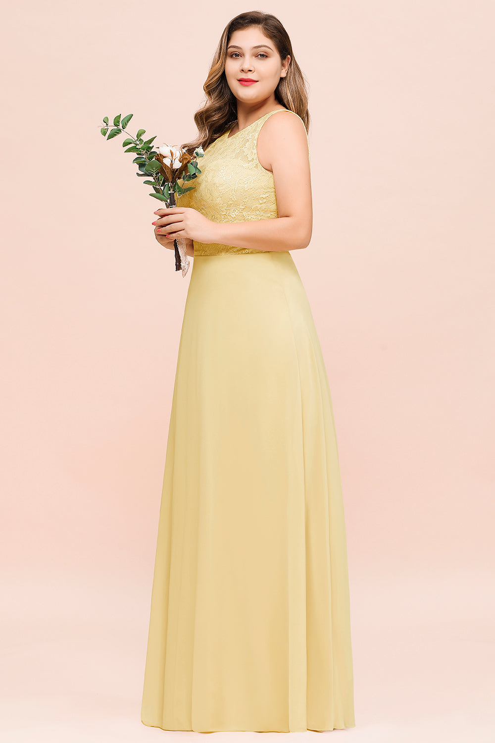 Plus Size Chiffon Jewel Daffodil Long Wedding Guest Dress with Lace