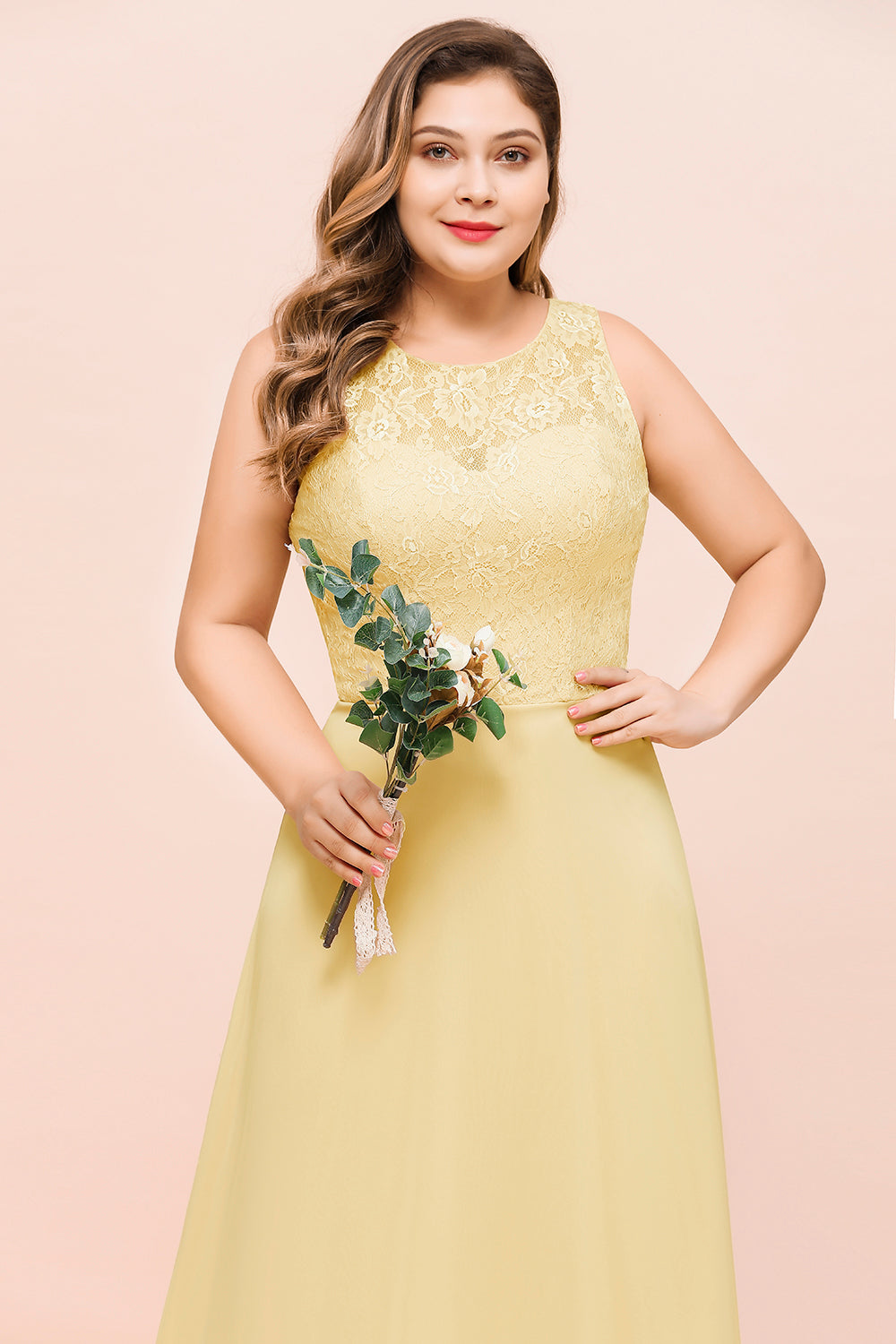Long Plus Size Chiffon Jewel Daffodil Bridesmaid Dress with Lace