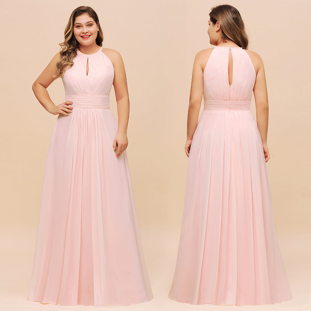 Long Plus Size Long Halter Chiffon Pink Bridesmaid Dress