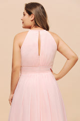 Long Plus Size Long Halter Chiffon Pink Bridesmaid Dress