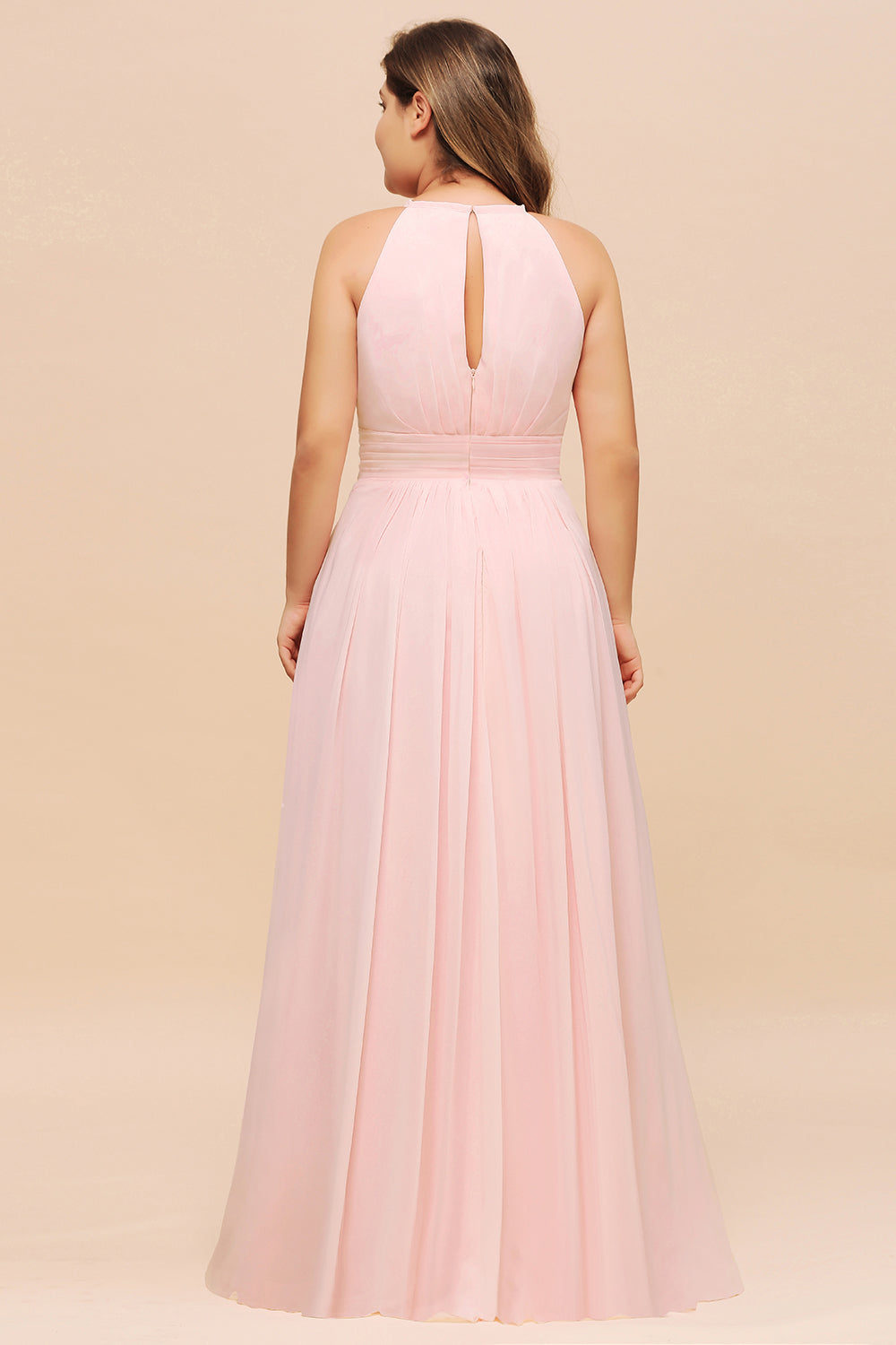 Long Plus Size Long Halter Chiffon Pink Bridesmaid Dress