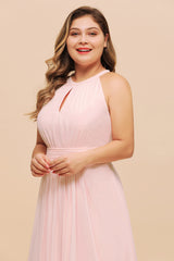 Long Plus Size Long Halter Chiffon Pink Bridesmaid Dress