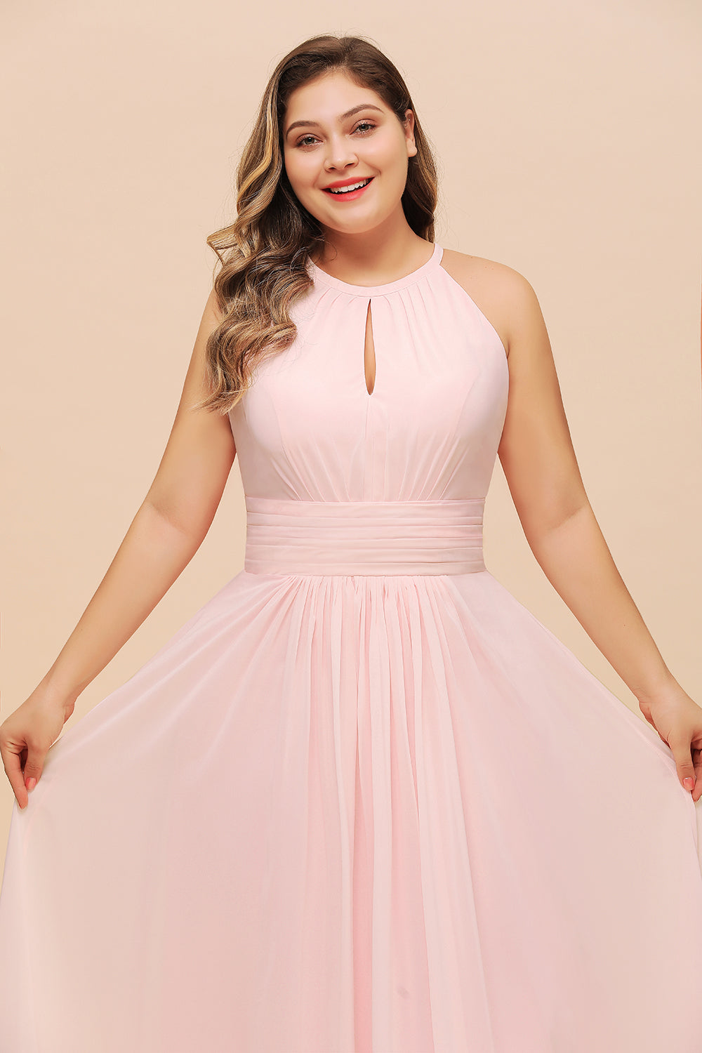 Long Plus Size Long Halter Chiffon Pink Bridesmaid Dress