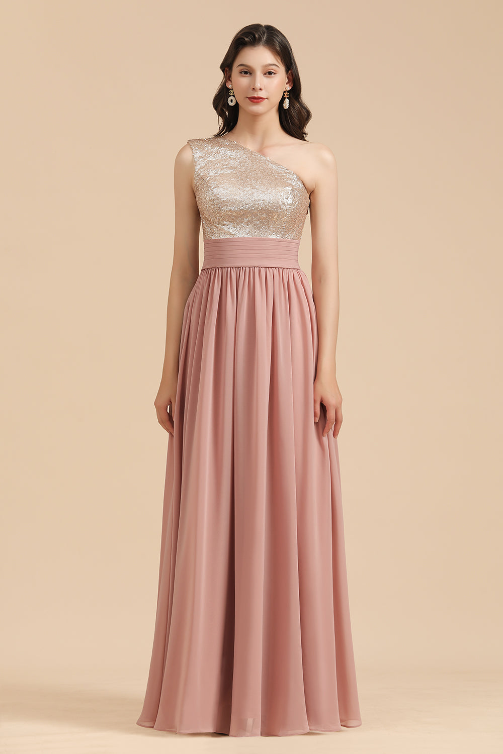Long A-line One Shoulder Chiffon Dusty Rose Wedding Guest Dresses