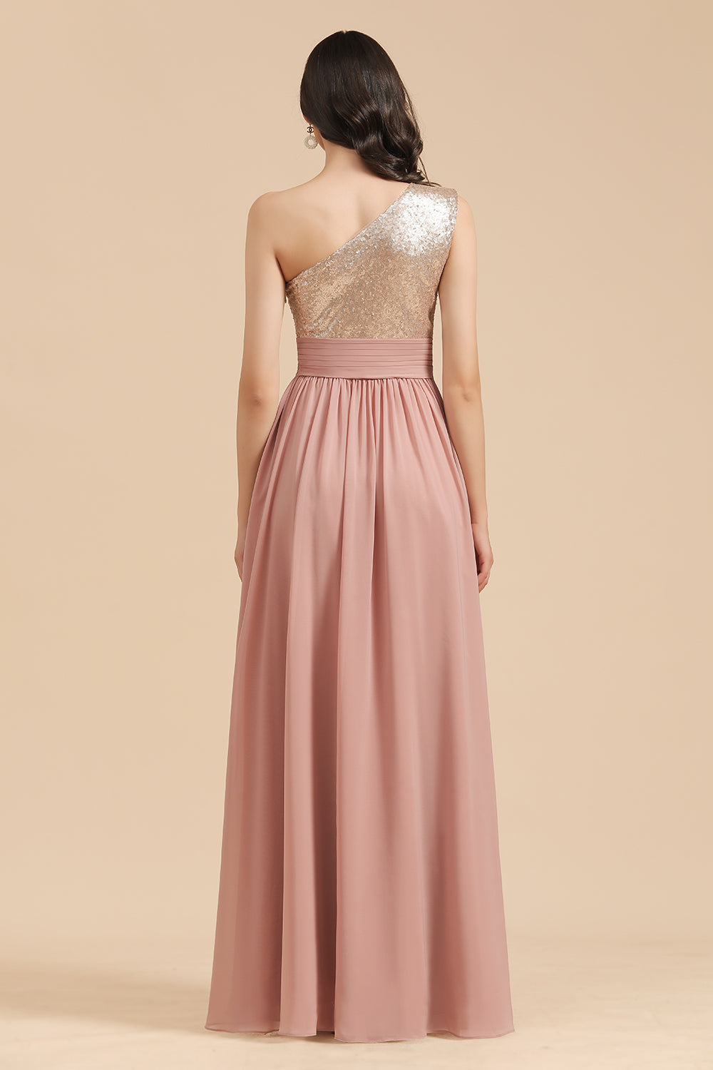 Long A-line One Shoulder Chiffon Dusty Rose Wedding Guest Dresses