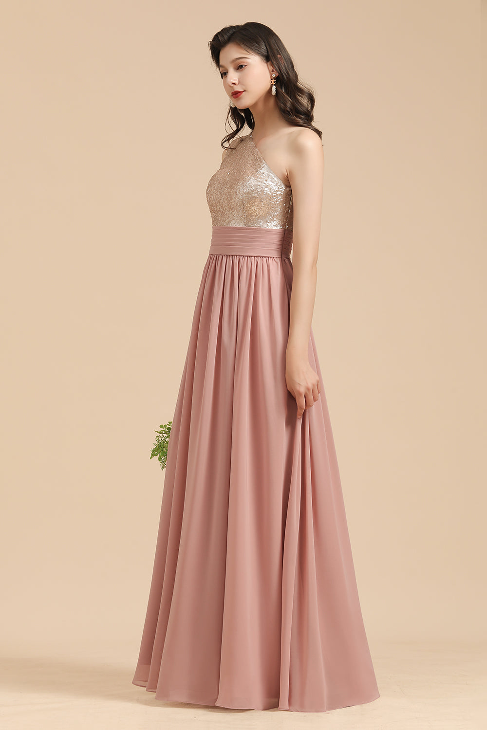 Long Sequins A-line One Shoulder Pink Bridesmaid Dress