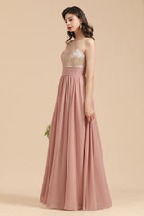 Long Sequins A-line One Shoulder Pink Bridesmaid Dress