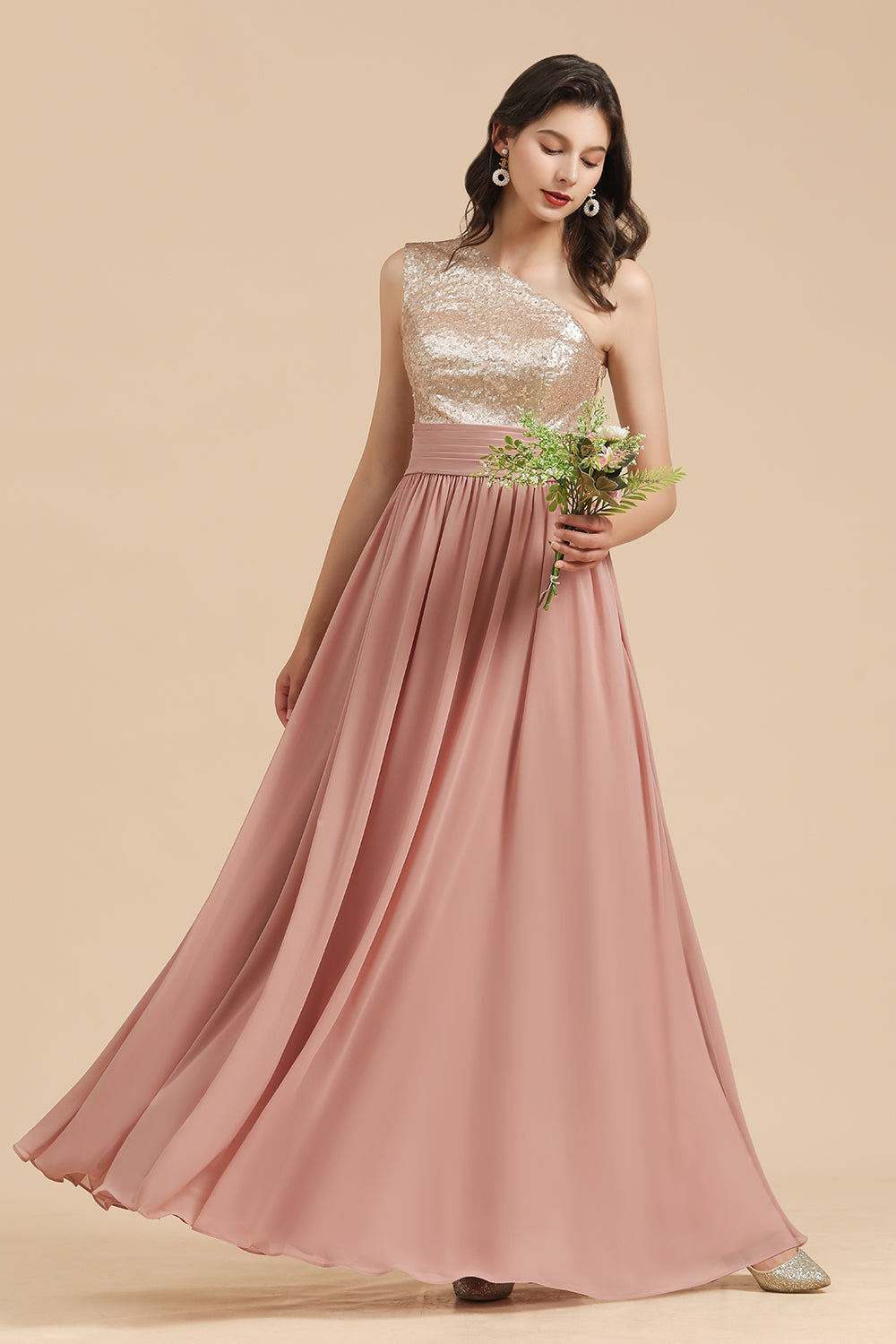 Long Sequins A-line One Shoulder Pink Bridesmaid Dress