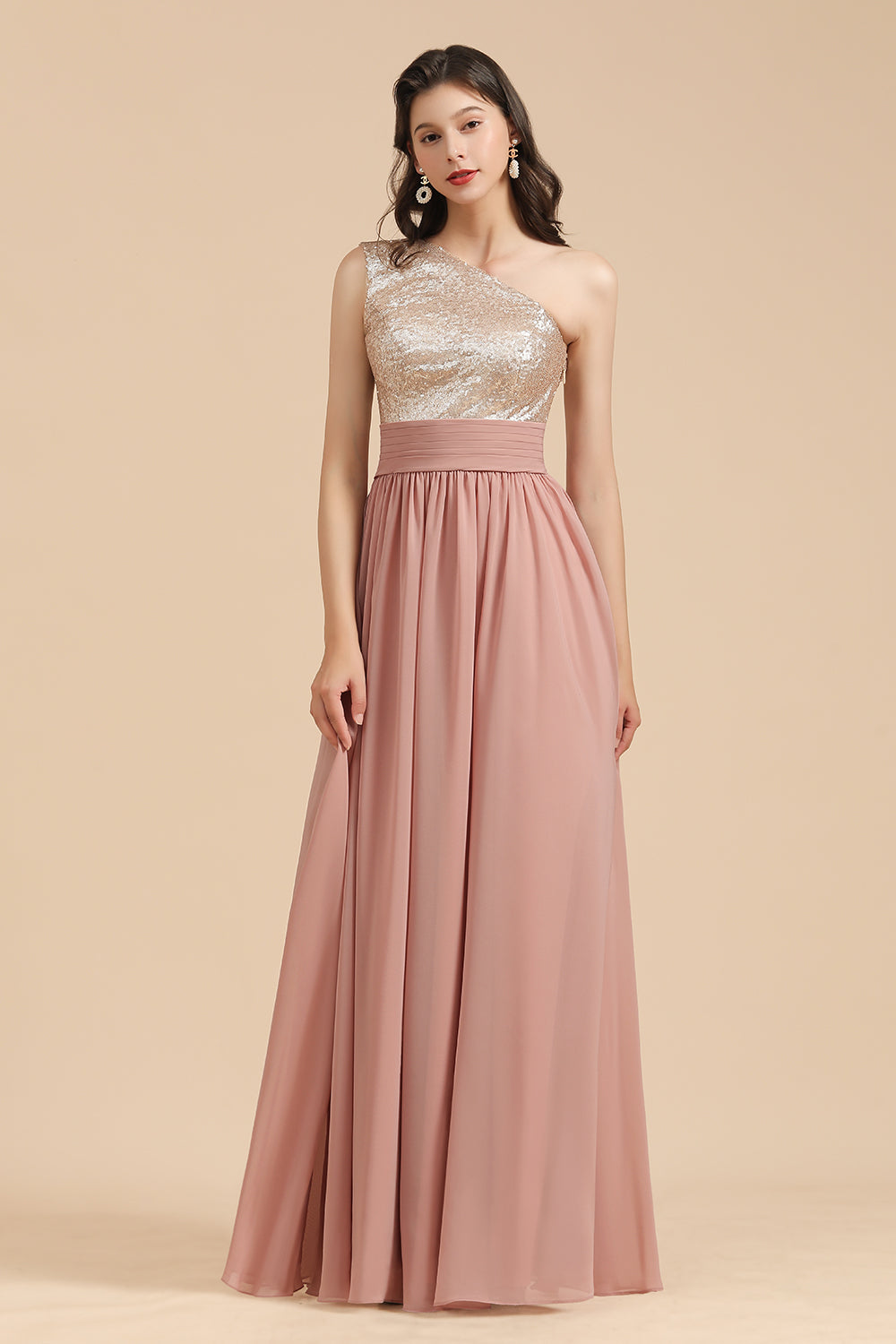 Long A-line One Shoulder Chiffon Dusty Rose Wedding Guest Dresses