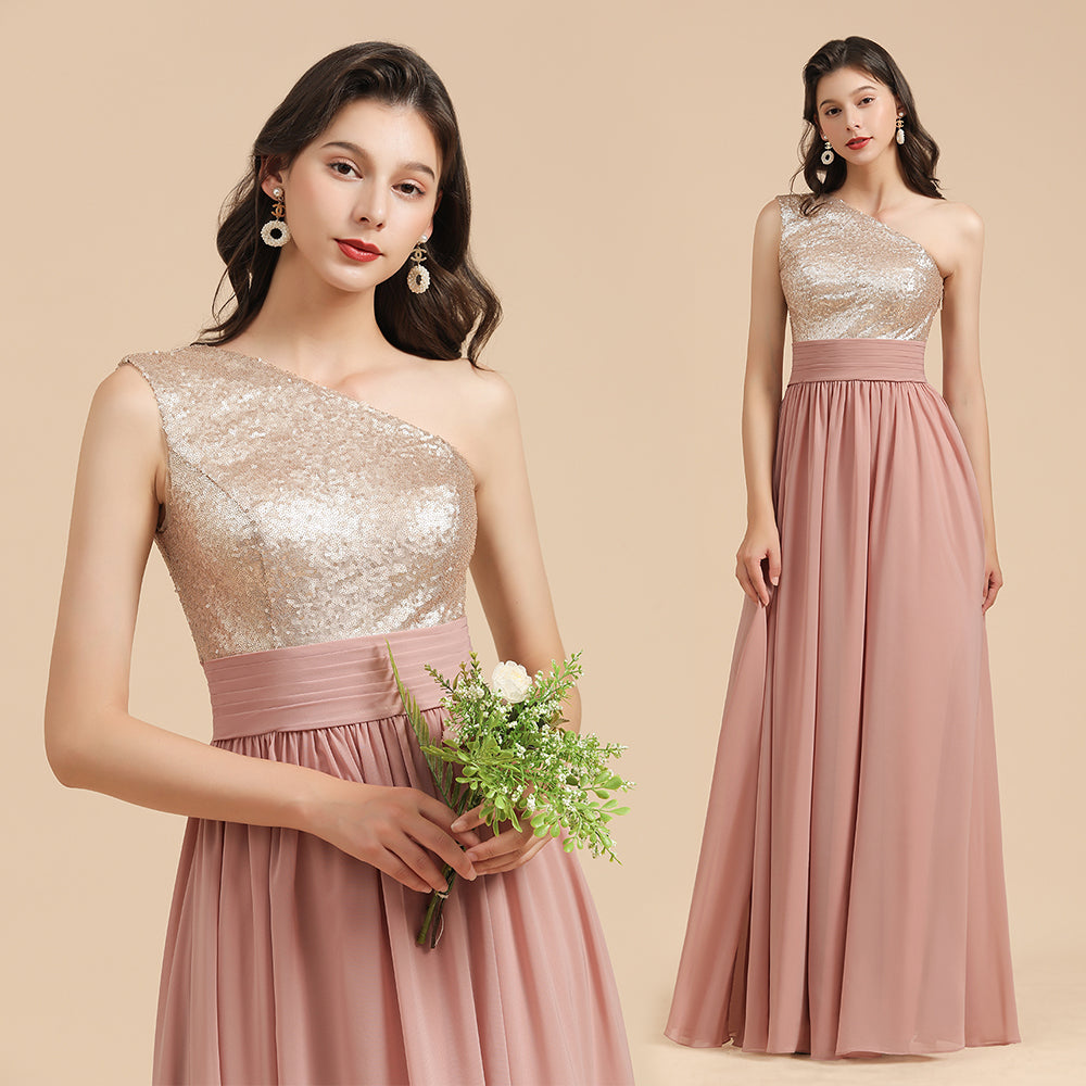 Long Sequins A-line One Shoulder Pink Bridesmaid Dress