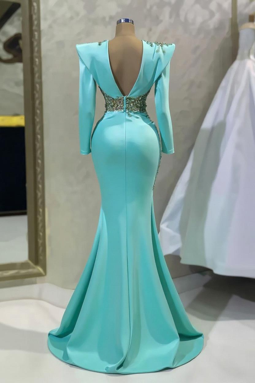 Long Sleeve Mermaid Sweetheart Satin Formal Evening Dress with Beads