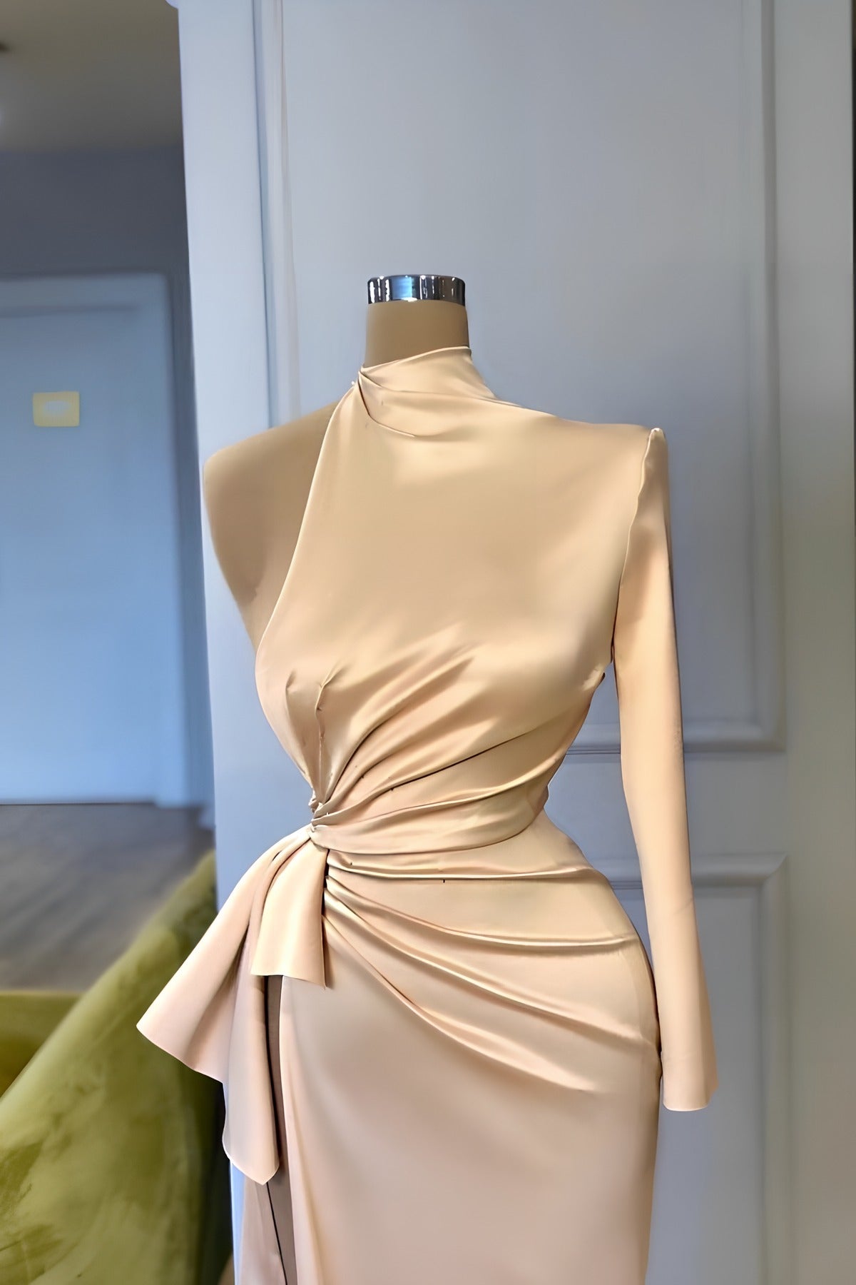 Long Sleeves Mermaid High Neck Satin Formal Prom Dresses with Slit