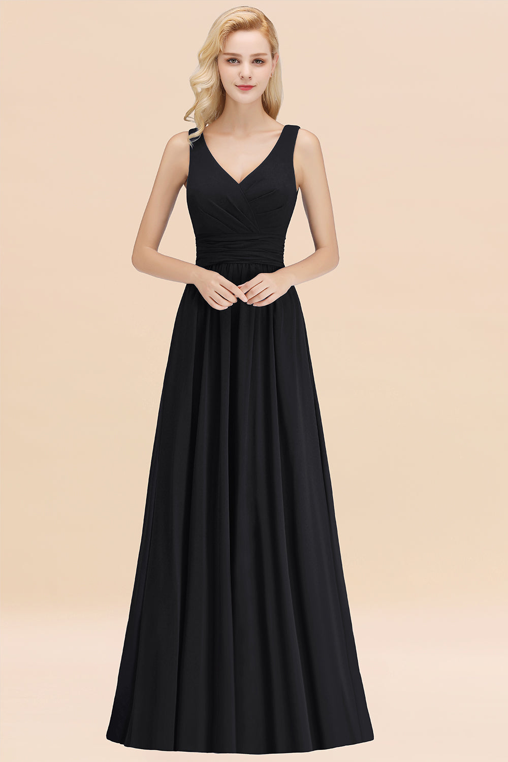 Long V-neck Sleeveless Chiffon A-line Black Bridesmaid Dress