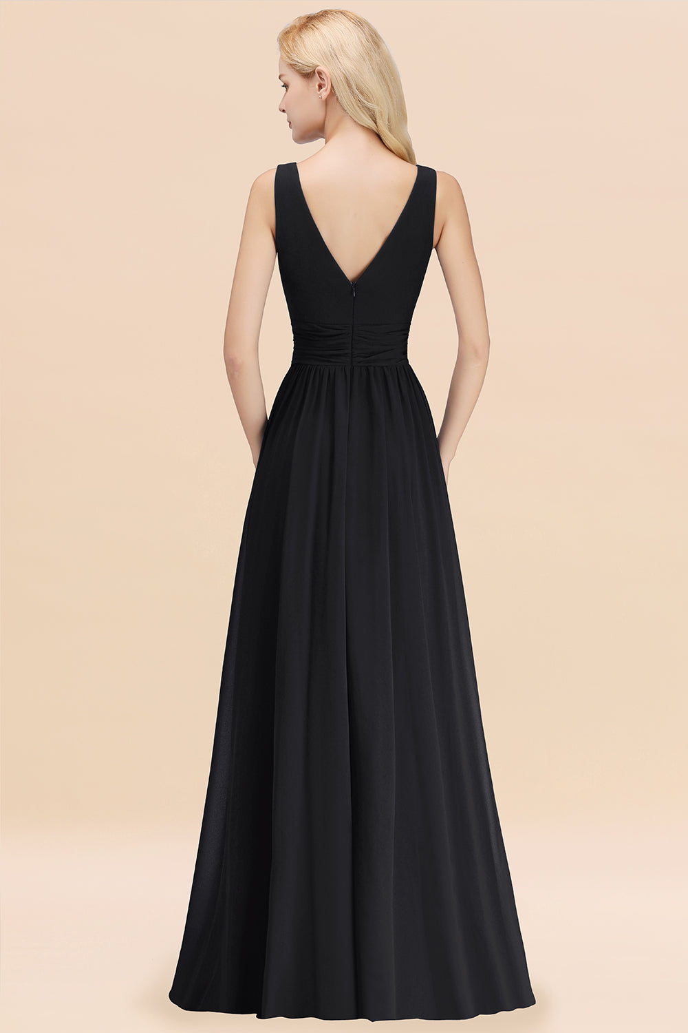 Long V-neck Sleeveless Chiffon A-line Black Bridesmaid Dress