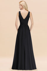 Long V-neck Sleeveless Chiffon A-line Black Bridesmaid Dress
