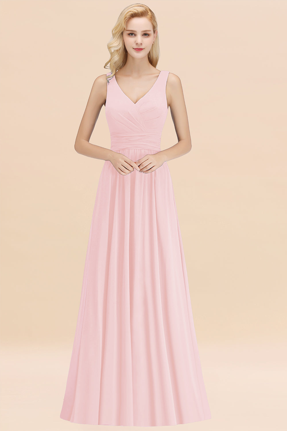 Long V-neck Sleeveless Chiffon A-line Blushing Pink Bridesmaid Dress