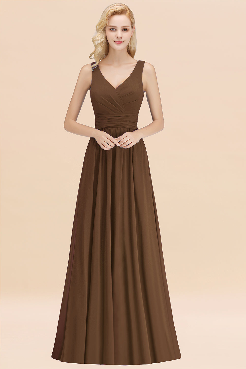 Long V-neck Sleeveless Chiffon A-line Brown Bridesmaid Dress