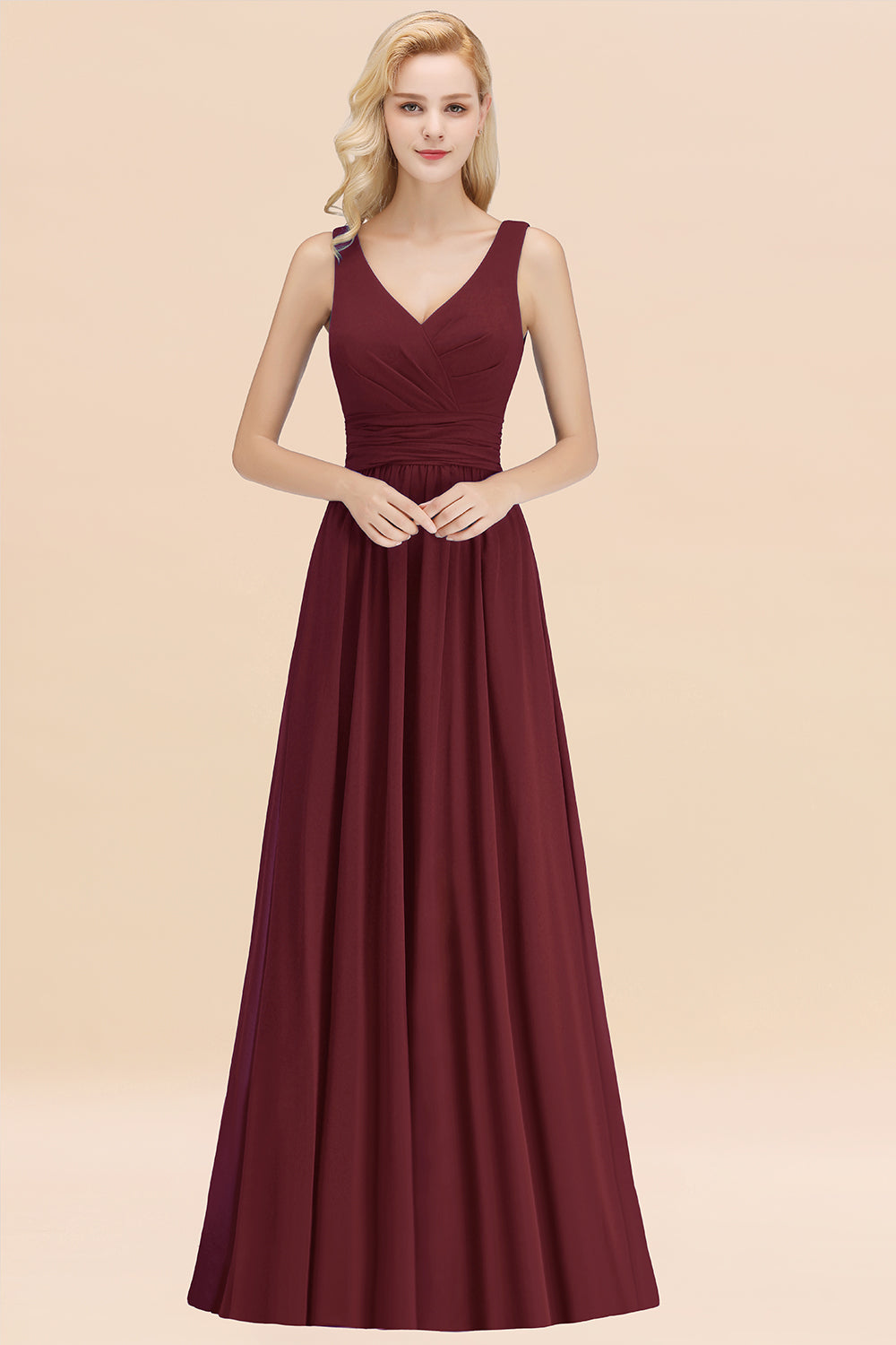 Long V-neck Sleeveless Chiffon A-line Burgundy Bridesmaid Dress