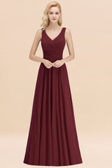 Long V-neck Sleeveless Chiffon A-line Burgundy Bridesmaid Dress