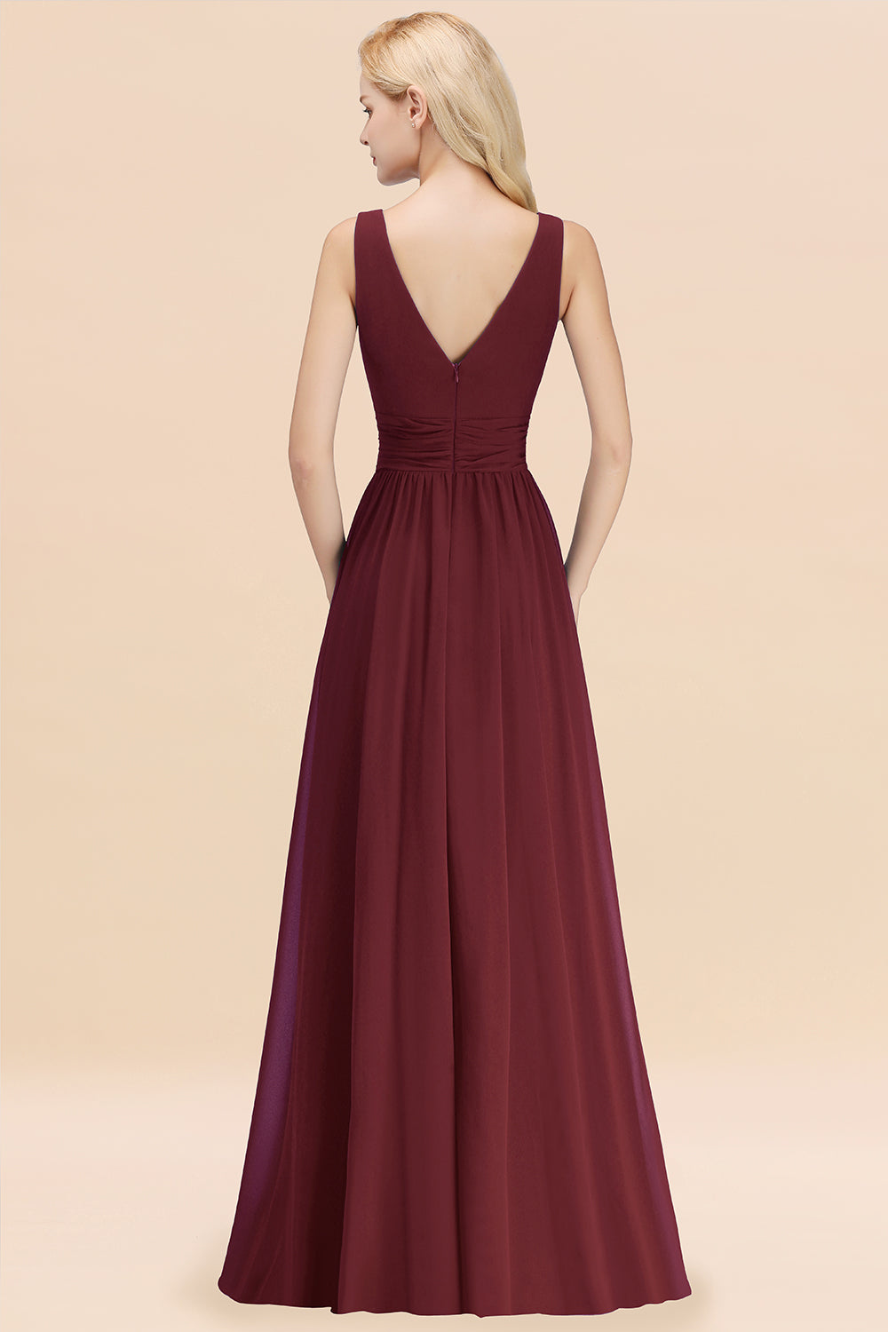 Long V-neck Sleeveless Chiffon A-line Burgundy Bridesmaid Dress