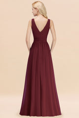 Long V-neck Sleeveless Chiffon A-line Burgundy Bridesmaid Dress