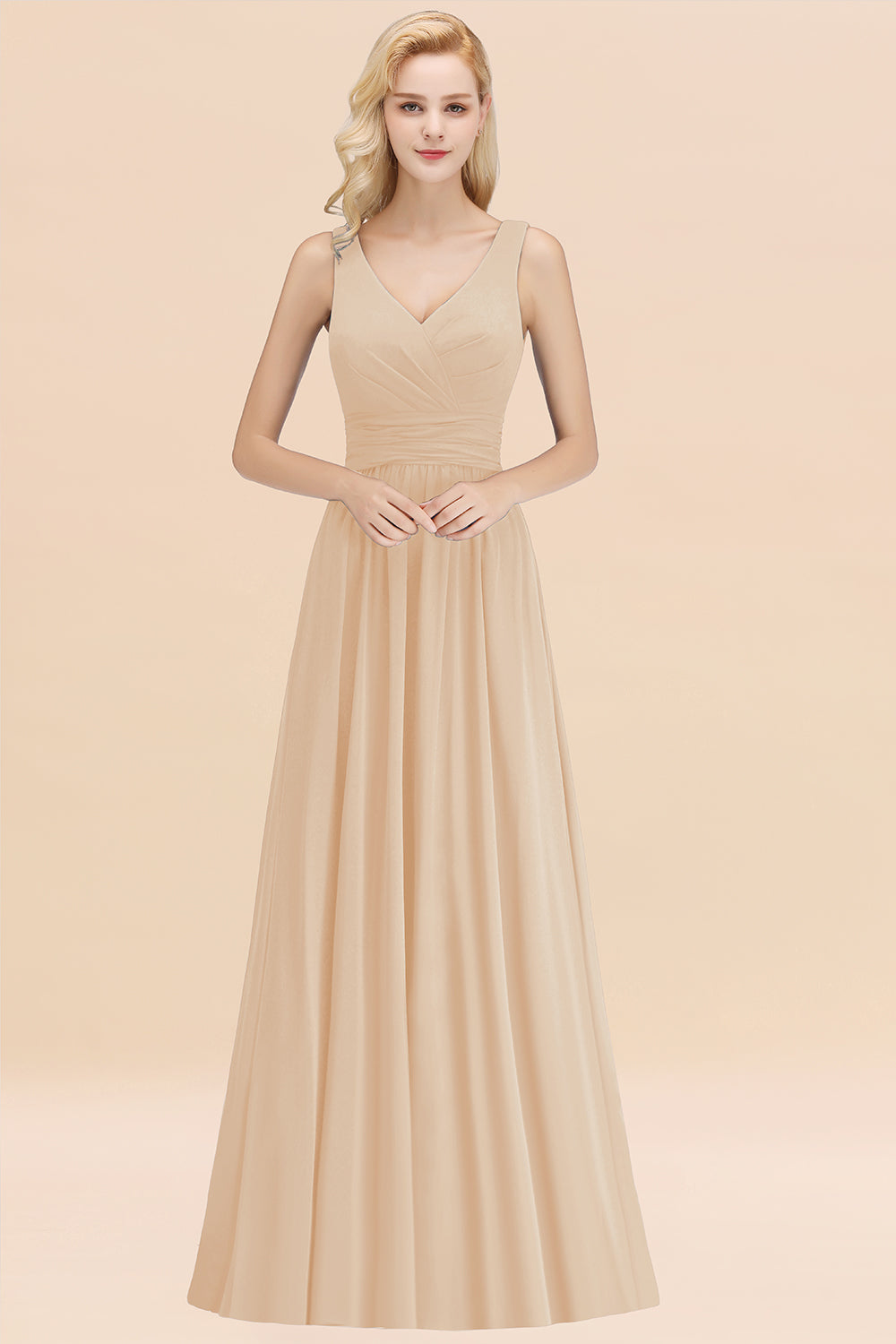 Long V-neck Sleeveless Chiffon A-line Champagne Bridesmaid Dress