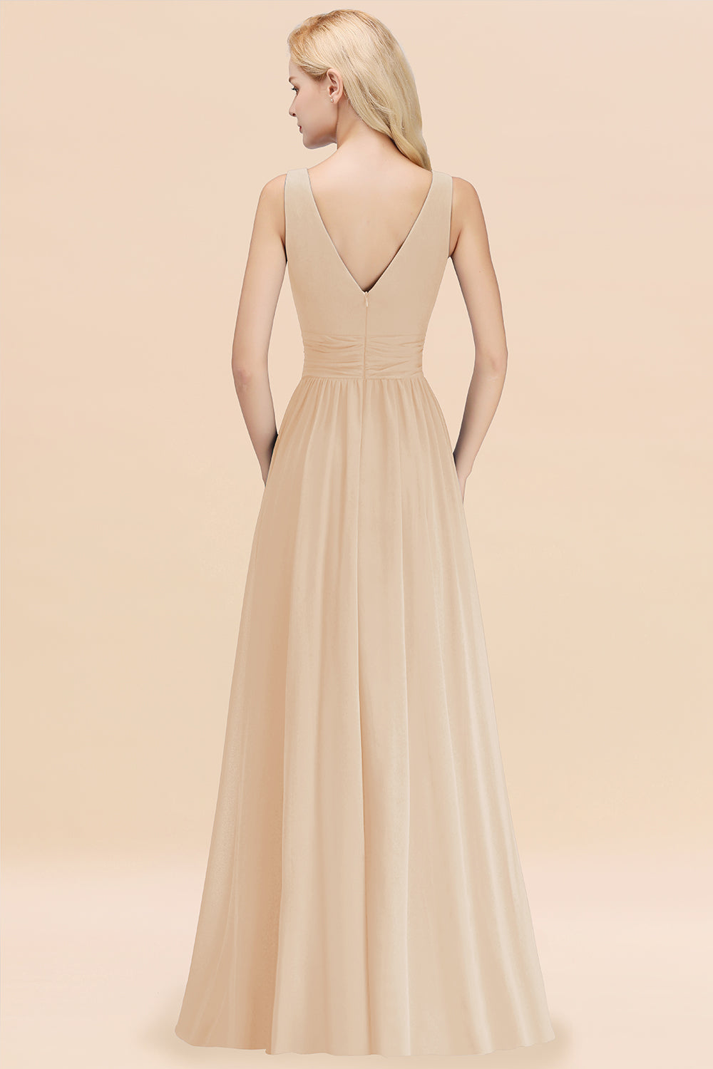 Long V-neck Sleeveless Chiffon A-line Champagne Bridesmaid Dress