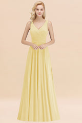 Long V-neck Sleeveless Chiffon A-line Daffodil Bridesmaid Dress