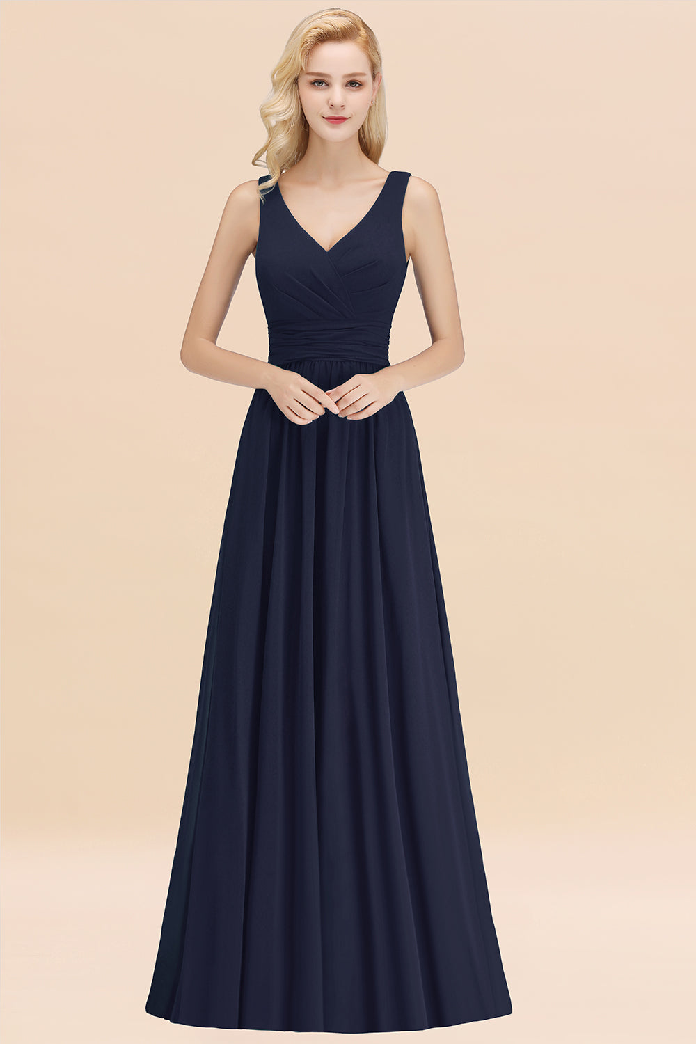 Long V-neck Sleeveless Chiffon A-line Dark Navy Bridesmaid Dress
