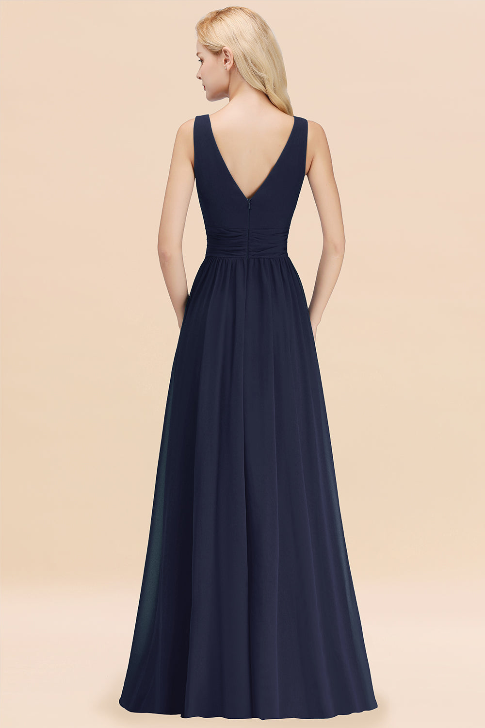 Long V-neck Sleeveless Chiffon A-line Dark Navy Bridesmaid Dress