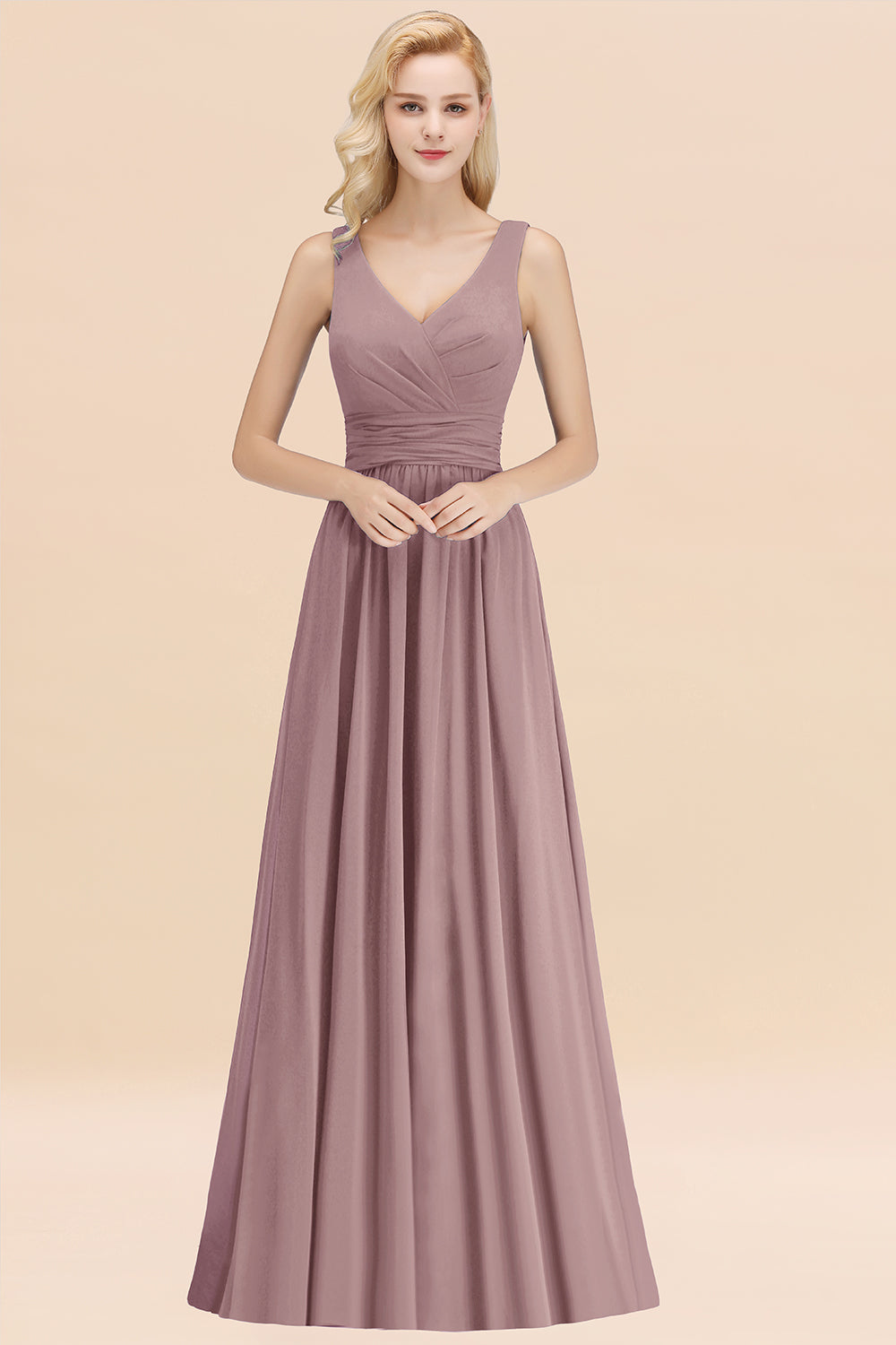 Long V-neck Sleeveless Chiffon A-line Dusk Bridesmaid Dress