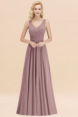 Long V-neck Sleeveless Chiffon A-line Dusk Bridesmaid Dress