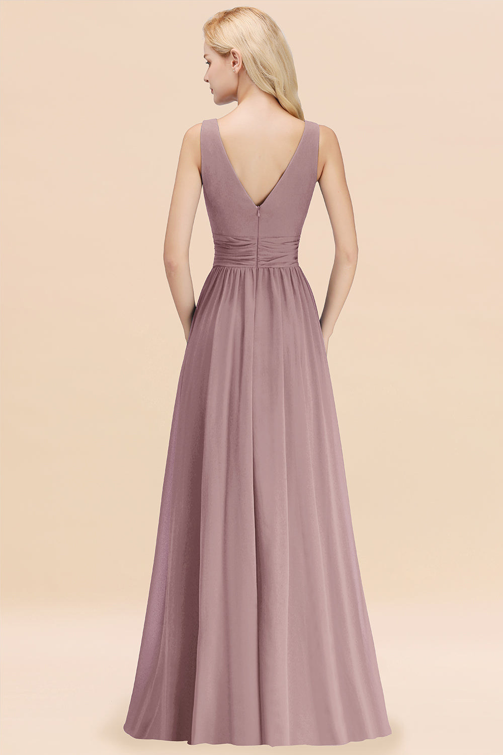 Long V-neck Sleeveless Chiffon A-line Dusk Bridesmaid Dress